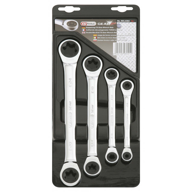 Jeu de clés polygonales à cliquet GEARplus TORX - 4 pièces - KSTools | 503.4364
