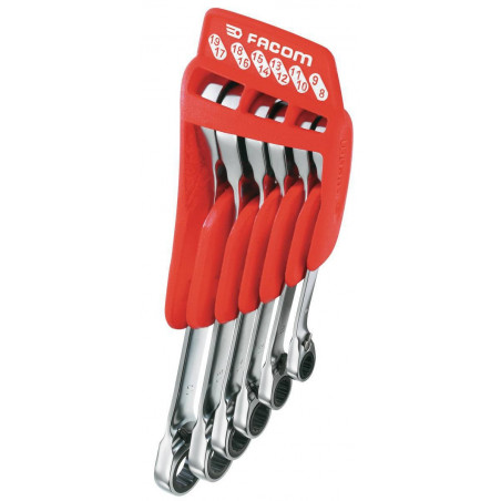 JEU DE 6 CLES POLYGONALES A CLIQUET TETE 15° SUR SUPPORT FACOM | 65.JP6PB