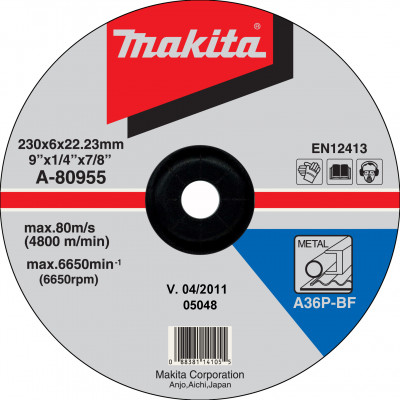 Meules à ébarber métal, ébavurages divers, meuleuse d'angle Ø 230mm, Alésage 22,23mm, Epaisseur 6mm Qté 1 Makita | A-80955