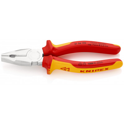 Pince universelle 190mm avec tranchant - Bi-matière - Chromée - Isolée 1000V - KNIPEX | 01 06 190