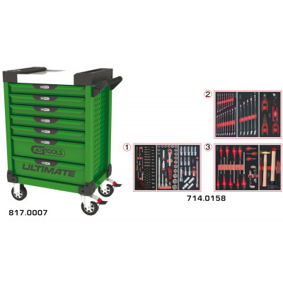 Servante PEARLline verte 7 tiroirs équipée de 158 outils - KS Tools | 817.7158