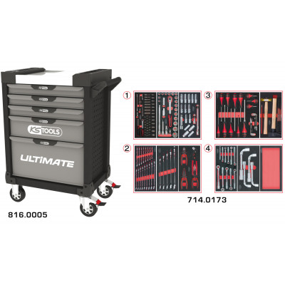 Servante PEARLline grise et noire 5 tiroirs équipée de 173 outils - KS Tools | 816.5173