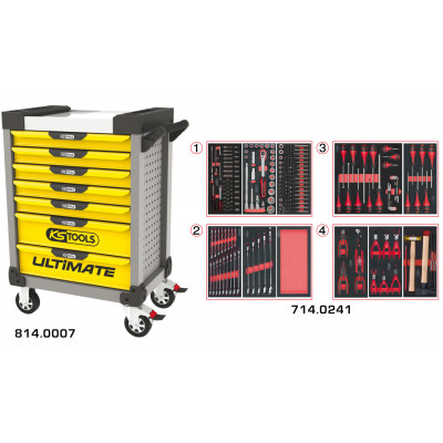 Servante PEARLline grise et jaune 7 tiroirs équipée de 241 outils - KS Tools | 814.7241