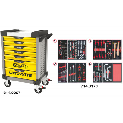 Servante PEARLline grise et jaune 7 tiroirs équipée de 173 outils - KS Tools | 814.7173