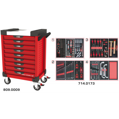 Servante PEARLline rouge 9 tiroirs équipée de 173 outils - KS Tools | 809.9173