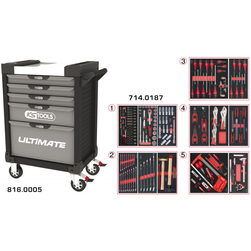 Servante PEARLline grise et noire 5 tiroirs équipée de 187 outils - KS Tools | 816.5186
