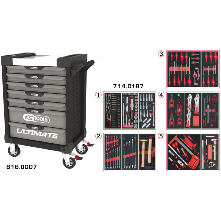 Servante PEARLline grise et noire 7 tiroirs équipée de 187 outils - KS Tools | 816.7186