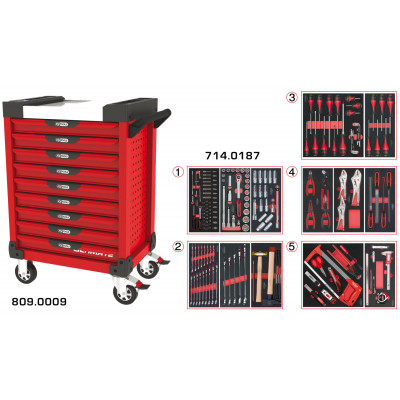 Servante PEARLline rouge 9 tiroirs équipée de 187 outils - KS Tools | 809.9186
