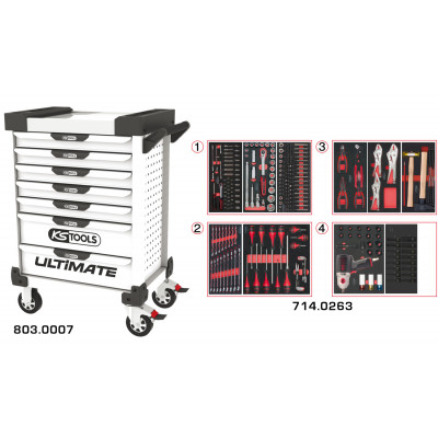 Servante PEARLline blanche 7 tiroirs équipée de 263 outils - KS Tools | 803.7263