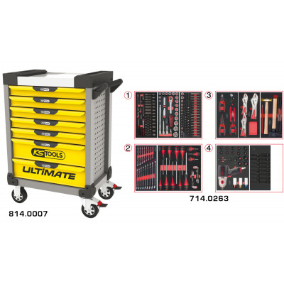 Servante PEARLline grise et jaune 7 tiroirs équipée de 263 outils - KS Tools | 814.7263