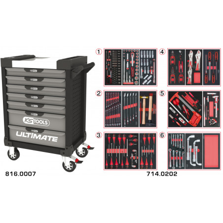Servante PEARLline grise et noire 7 tiroirs équipée de 202 outils - KS Tools | 816.7202