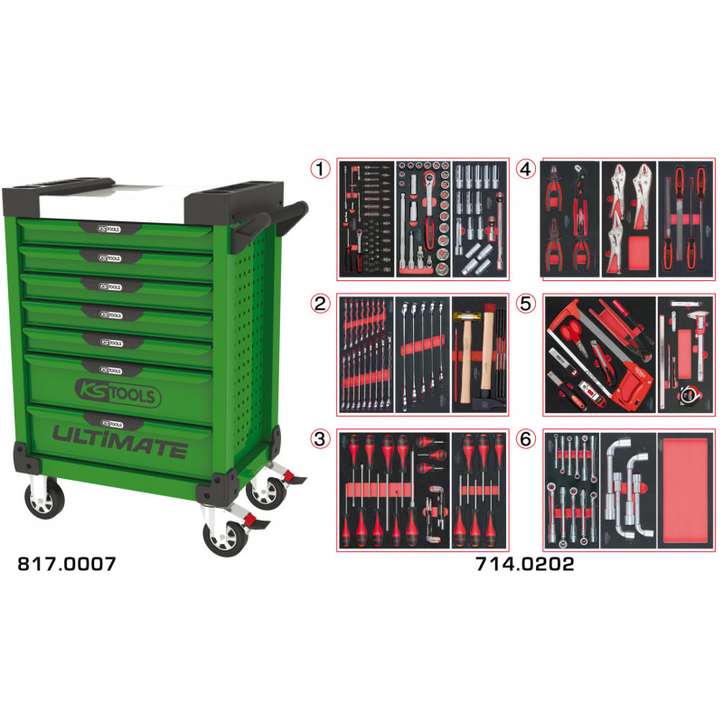 Servante PEARLline verte 7 tiroirs équipée de 202 outils - KS Tools | 817.7202