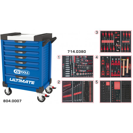 Servante PEARLline bleue 7 tiroirs équipée de 384 outils - KS Tools | 804.7380