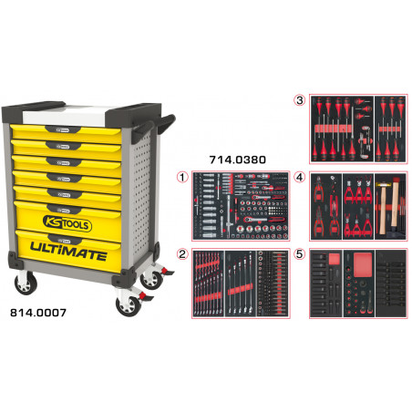 Servante PEARLline grise et jaune 7 tiroirs équipée de 384 outils - KS Tools | 814.7380