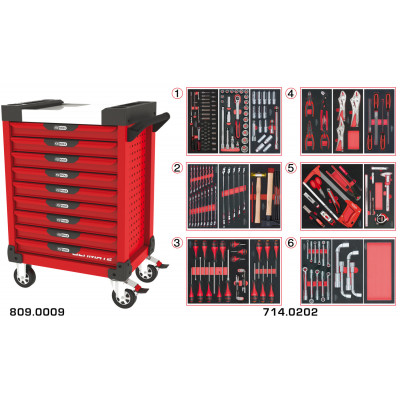 Servante PEARLline rouge 9 tiroirs équipée de 202 outils - KS Tools | 809.9202