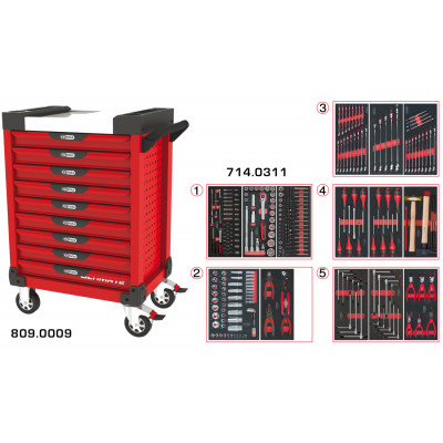 Servante PEARLline rouge 9 tiroirs équipée de 311 outils - KS Tools | 809.9311