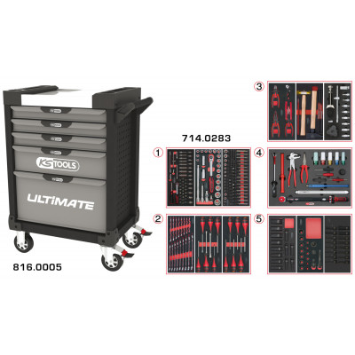 Servante PEARLline grise et noire 5 tiroirs équipée de 283 outils - KS Tools | 816.5283
