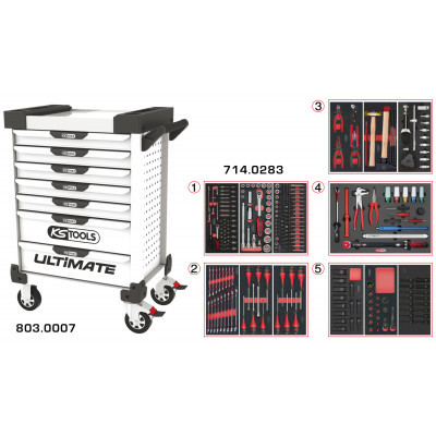 Servante PEARLline blanche 7 tiroirs équipée de 283 outils - KS Tools | 803.7283