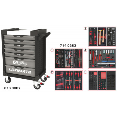 Servante PEARLline grise et noire 7 tiroirs équipée de 283 outils - KS Tools | 816.7283