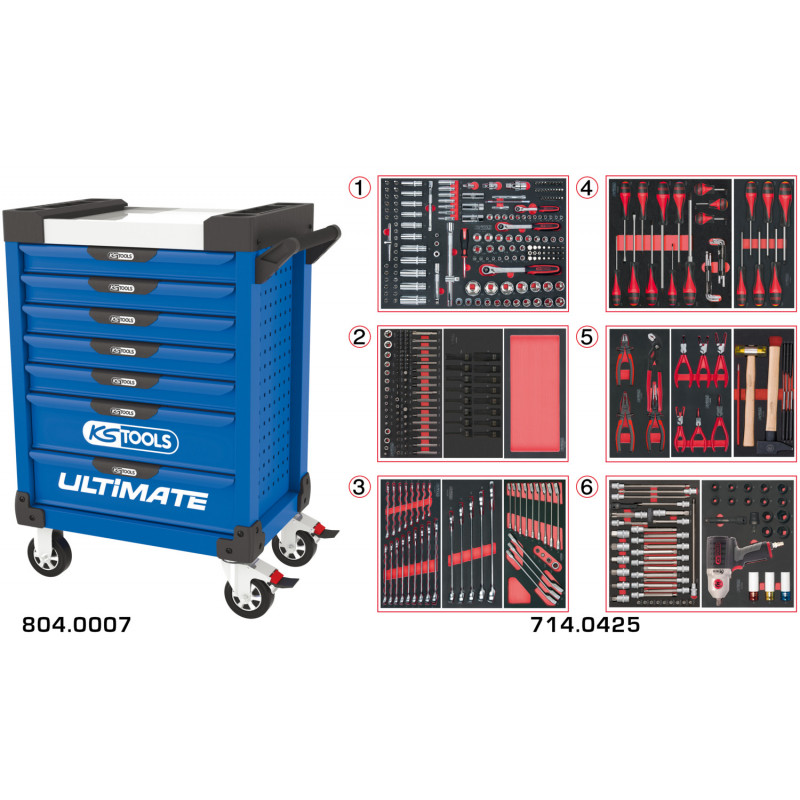 Servante PEARLline bleue 7 tiroirs équipée de 429 outils - KS Tools | 804.7425