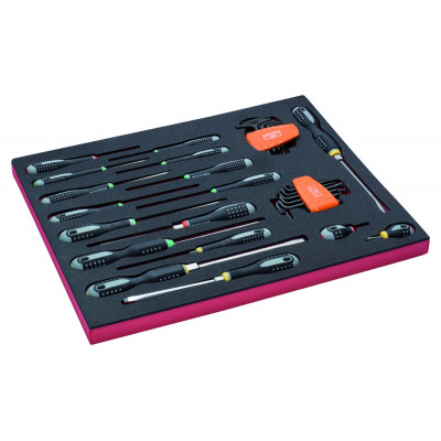 Jeu de tournevis Clé mâle/Vis à fente/Phillips/Pozidriv/TORX, module mousse 3/3 Fit&Go - 34 pcs - Bahco | FF1A1003