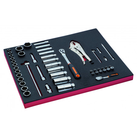 Jeu de douilles et cliquets à tête ronde, module mousse 3/3 Fit&Go - 50 pcs - Bahco | FF1A25