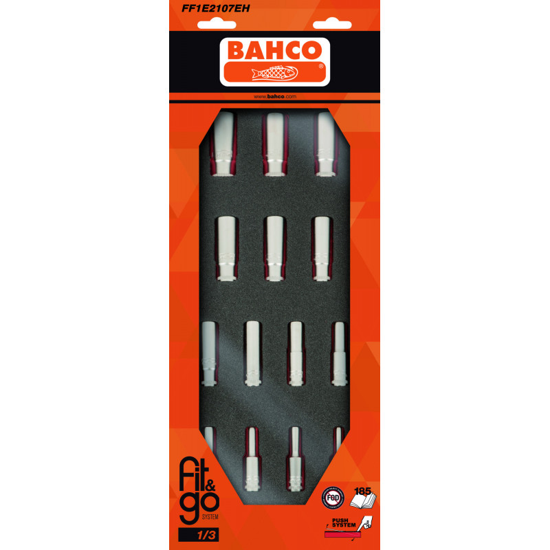 Module mousse Fit&Go 1/3, douilles longues 3/8" - 14 Pcs emballage individuel - Bahco | FF1E2107EH