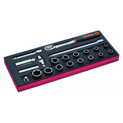 Jeu de douilles 1/2" et cliquet à tête ronde, module mousse 1/3 Fit&Go - 21 pcs - Bahco | FF1E2201