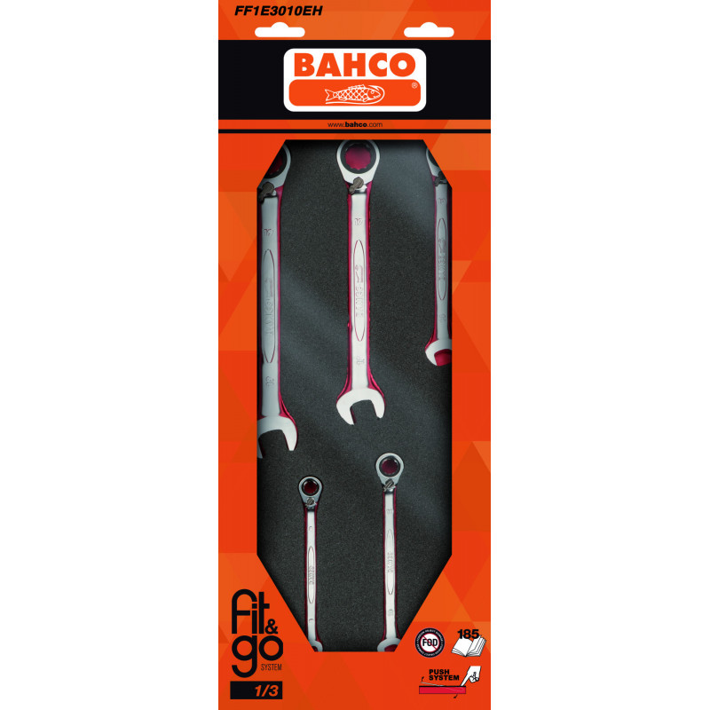 Module mousse Fit&Go 1/3, clés à cliquet 1RM - 5 Pcs emballage individuel - Bahco | FF1E3010EH