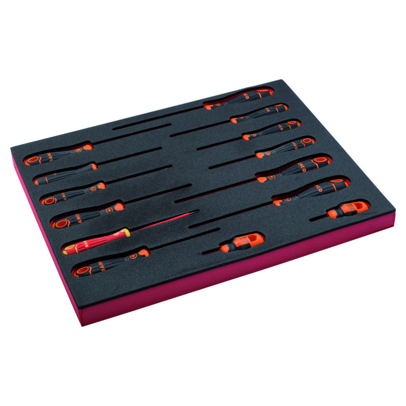Jeu de tournevis pour vis à fente/Phillips/Pozidriv/TORX, module mousse 2/3 Fit&Go - 14 pcs - Bahco | FF1F1009