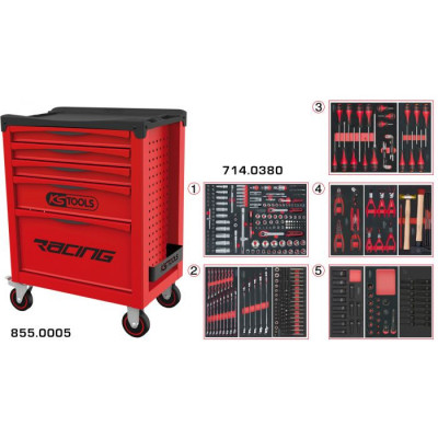 Servante RACING 5 tiroirs équipée de 384 outils - KSTools | 855.5380