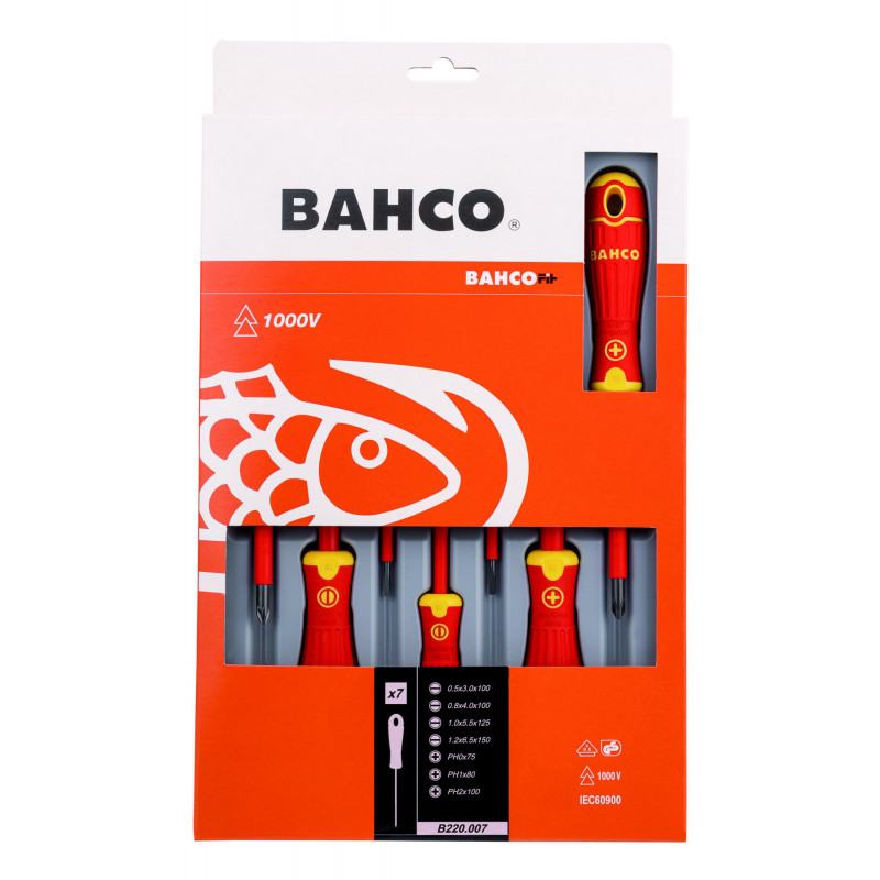 Tournevis BahcoFIT isolé VDE pour vis à fente et Phillips avec manche multi-composants - 7 pcs Bahco | B220.007