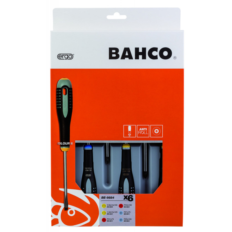 Jeu de tournevis vis à fente ERGO™/Phillips/Pozidriv avec poignée en caoutchouc - 6 pcs Bahco | BE-9884