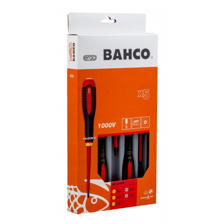 Jeu de tournevis ERGO™ isolés VDE pour vis à fente et Pozidriv avec manche tri-matière - 5 pcs Bahco | BE-9882S