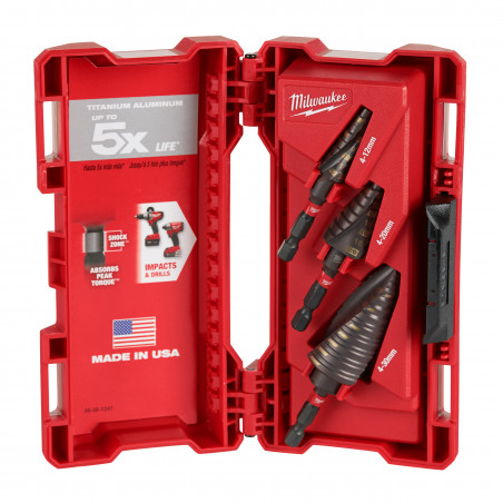 COFFRET FORET ETAGES SHOCKWAVE 3 PCS Diam.SHW STEP DRILL SET (3PC), 1/4" HEX - Milwaukee | 48899266