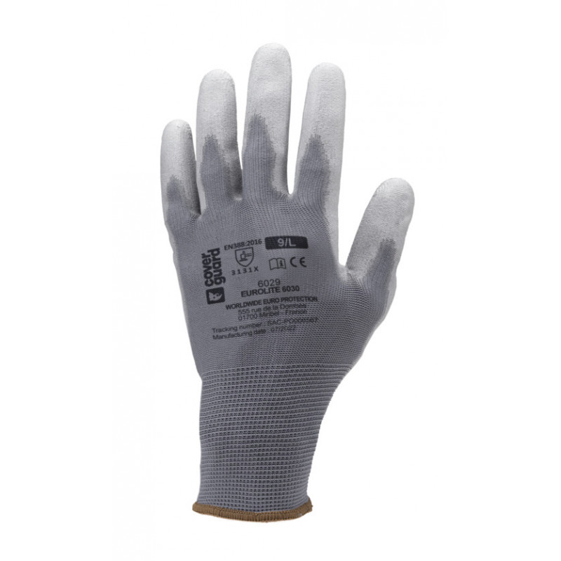 Gants EUROLITE 6030 polyester gris J13 paume enduite PU gris - COVERGUARD | MO6030