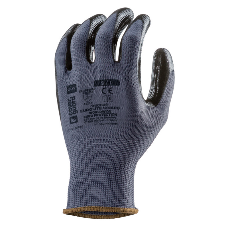 Gants EUROLITE 13N400 polyester gris J13 paume enduite nitrile noir - COVERGUARD | 1NICB