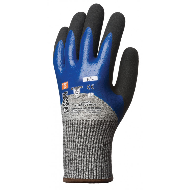 Gants EUROCUT N505 cut D.  HPPE J13 paume double enduit nitrile+3/4 dos - COVERGUARD | 1CRAN
