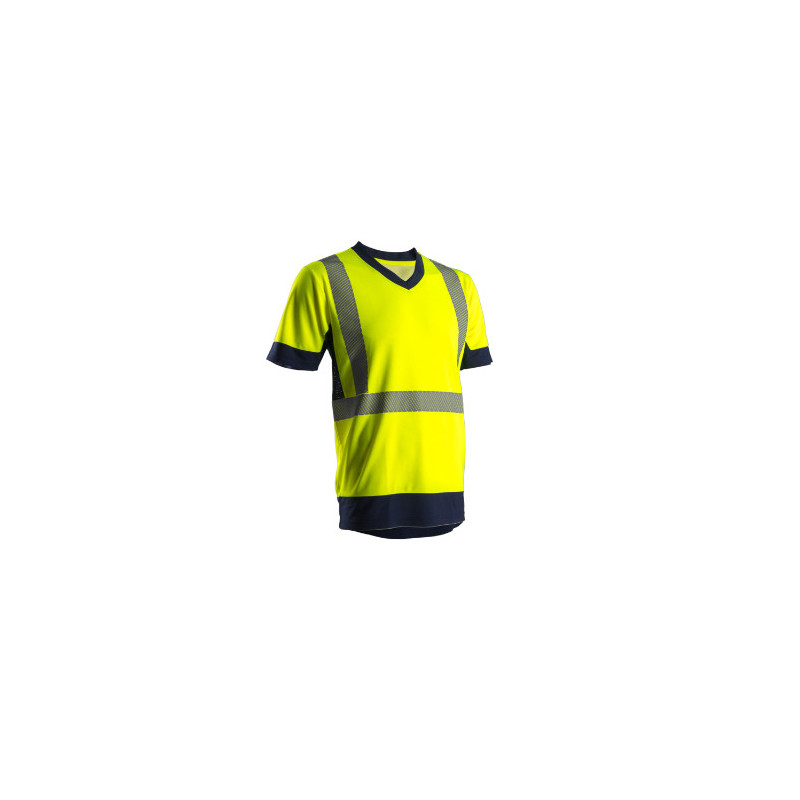 T-shirt manches courtes - KYRIO - 100% PES 140g/m2 UPF 50 + Mesh + Bandes segmentées - Jaune HV/Marine - COVERGUARD | 7KYRY