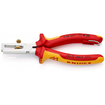 Pince à dénuder 160mm avec ressort Bi-matière Chromée 1000V Antichute SC - KNIPEX | 1106160TBK