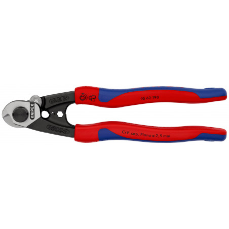 Coupe-câbles acier 190mm - Ø2,5-4-5-7mm - Gainage bi-matière - KNIPEX | 9562190