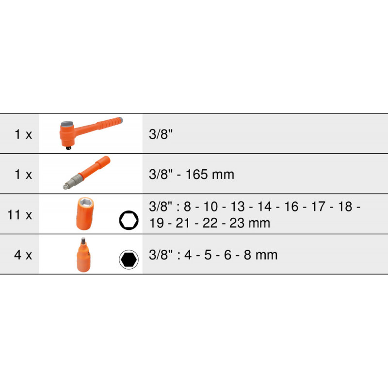 Module de douilles 6 pans et cliquet 3/8" isolés 1000 V 17 pièces - KSTools | 713.1121