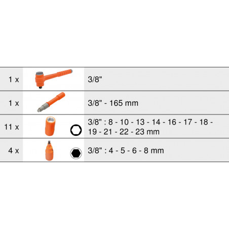 Module de douilles 6 pans et cliquet 3/8" isolés 1000 V 17 pièces - KSTools | 713.1121