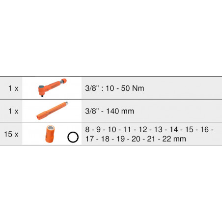 Module de douilles et clé dynamométrique 3/8'' 10- 50 Nm  isolées 1000 V 17 pièces - KSTools | 713.1127