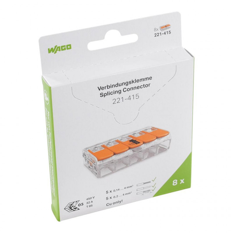 Borne WAGO 221 Mini 5x4mm² à leviers souple & rigide, Boîte de 8 - WAGO | 221-415/995-008