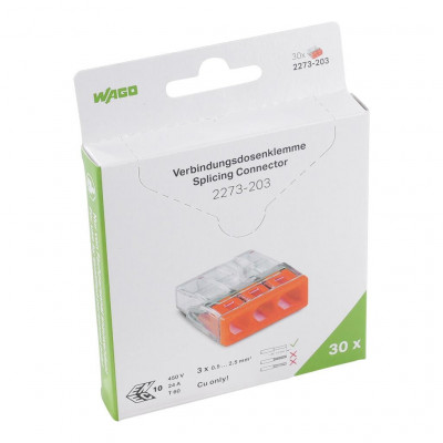 Borne WAGO 2273 - 3 x 0,5 à 2,5mm² Transp. / Orange, Boîte de 30 - Wago | 2273-203/995-030