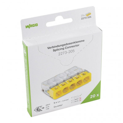 Borne WAGO 2273 - 5 x 0,5 à 2,5mm² Transp. / Jaune, Boîte de 20 - Wago | 2273-205