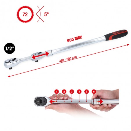 Cliquet réversible télescopique 1/2'' , extra long, 72 dents - KSTools | 914.1205