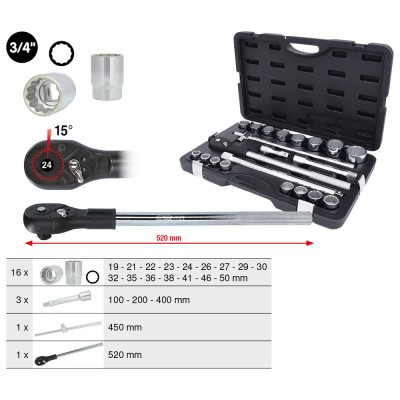 Coffret de douilles 12 pans métriques et accessoires 3/4'', 21 pièces - KSTools | 911.0722