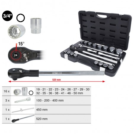 Coffret de douilles 12 pans métriques et accessoires 3/4'', 21 pièces - KSTools | 911.0722